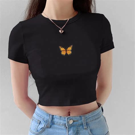 Schmetterling Drucken T Shirt Frauen Nette Sexy Crop Tops Sommer