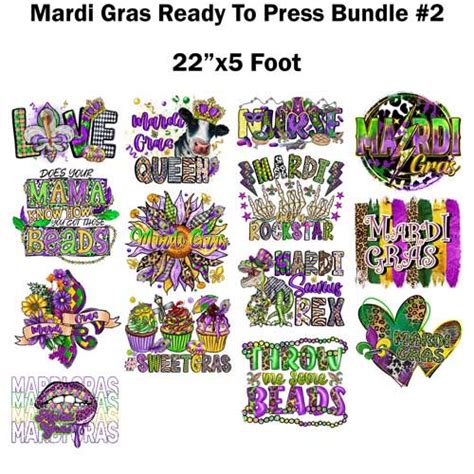 Mardi Gras Ready To Press Transfer Bundle 2 Sublimation Or Dtf 22×5 Foot Roll Heat Transfer