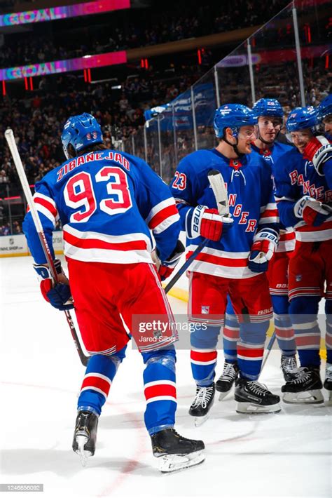 Mika Zibanejad Of The New York Rangers Celebrates With Teammates