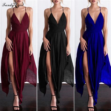 Tdg Women Prom Dress Deep V Neck Low Cut Sleeveless Backless Spaghetti