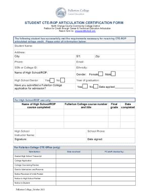 Fillable Online Student Cte Rop Articulation Certification Form Fax