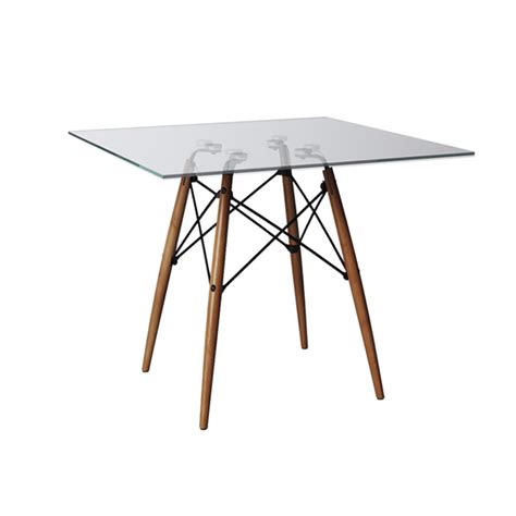 Mesa De Jantar Vidro Eames Eiffel Quadrada 110cm Base Madeira Maciça