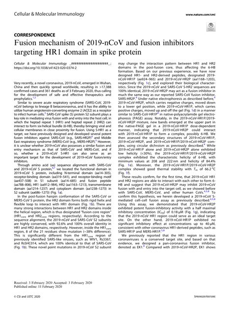 (PDF) Fusion mechanism of 2019-nCoV and fusion inhibitors targeting HR1 ...