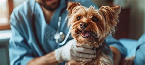 Smiling Positive Male Veterinarian Examining A Dog In A Veterinary