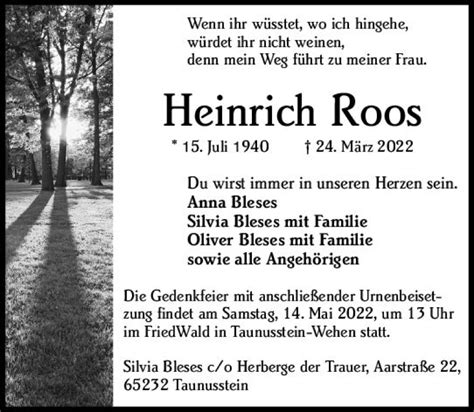 Traueranzeigen Von Heinrich Roos Vrm Trauer De