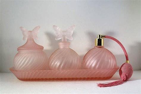 Vintage Butterfly Vanity Set Frosted Pink Glass 4 Piece Set Atomizer