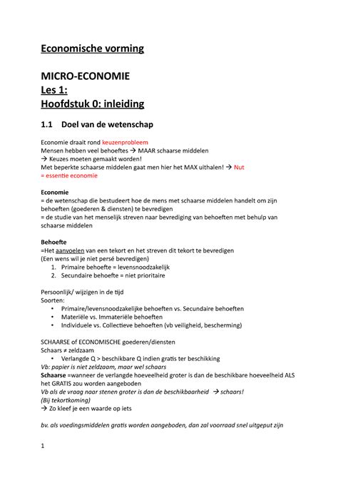 Samenvatting Economie Economische Vorming Micro Economie Les