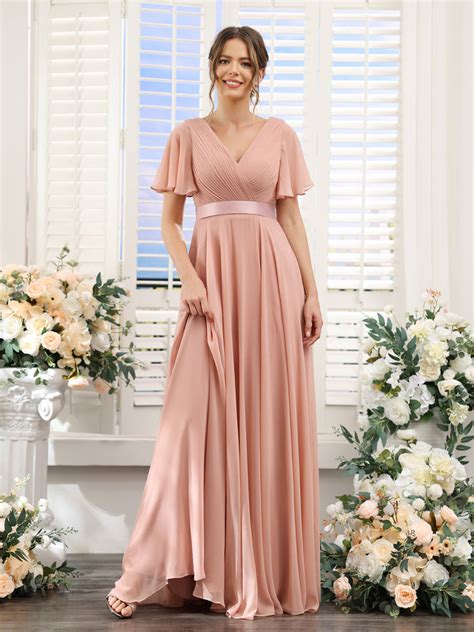 A Line V Neck Short Sleeves Chiffon Bridesmaid Dresses With Pockets Lavetir