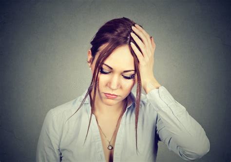 Stressed Out Young Woman Worried Face Expression Looking Down Stock