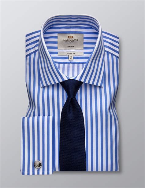 Men S Dress Blue White Bengal Stripe Classic Fit Shirt French Cuff