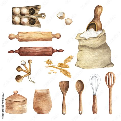 Watercolor Kitchen Utensils Clipart. Kitchen wood tools, food, herbs and spices. Cooking ...