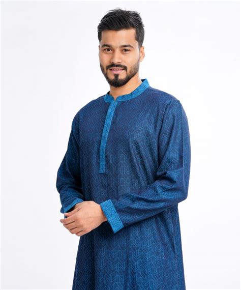 Blue Fitted Jacquard Cotton Panjabi