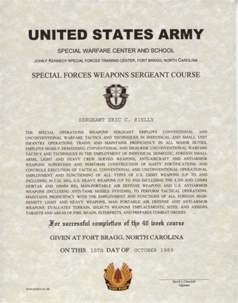 Special Forces Weapons Sergeant Course Certificate