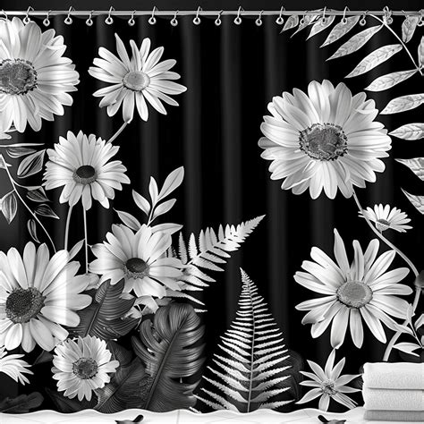 Black And White Floral Shower Curtain With Daisies And Ferns Bathroom