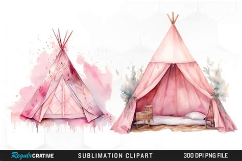 Pink Boho Tent Watercolor Graphics Clipart