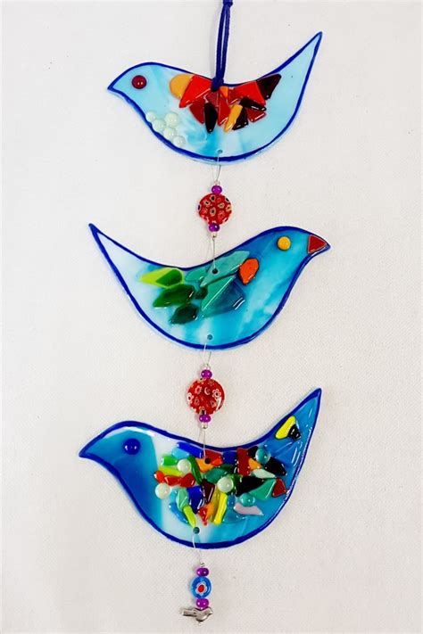 A Trio Of Colored Fused Glass Birds Birds Mobile With Bead Housewarming T In 2024 Glass