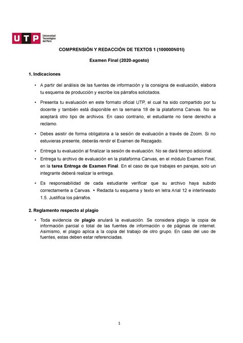 Comprensión Y Redacción DE Textos 1 Examen Final COMPRENSIÓN Y