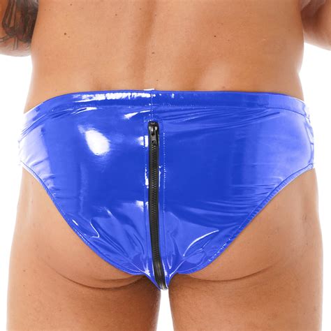 Uk Mens Wet Look Pvc Leather Briefs Drawstring Low Rise Zipper