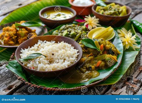 Kerala Food Traditional Food Onam Sadya Served On A Banana Leaf On