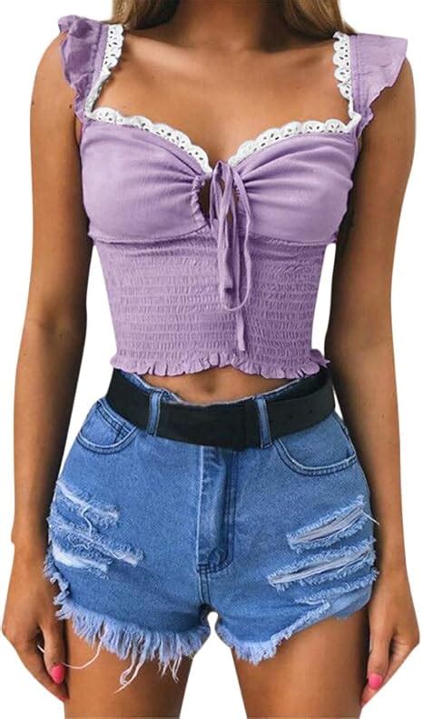 Crop Tops Damen Deep V Ausschnitt Spitze Top Sexy Retro Rmelloses