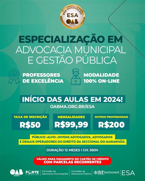 OPORTUNIDADE PARA 2024 ESA MA ABRE INSCRIÇÕES PARA A ESPECIALIZAÇÃO EM