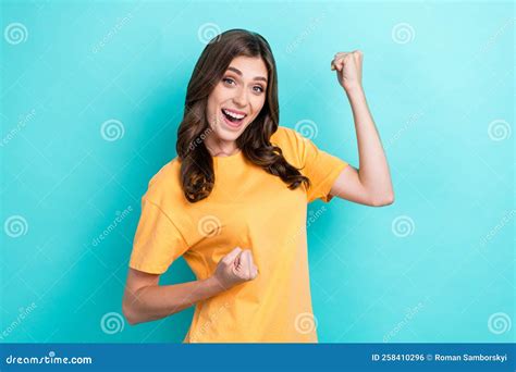 Photo Of Young Positive Good Mood Nice Girlish Lady Fists Up Celebrate