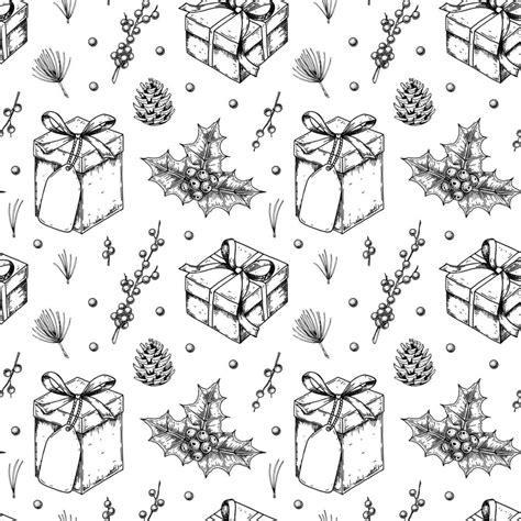 Christmas Seamless Pattern With Hand Drawn Gift Boxes With Beautiful