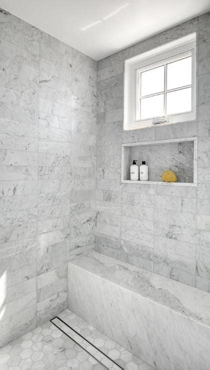 Shower With Gray Marble Stacked Wall Tiles Transitional Bathroom