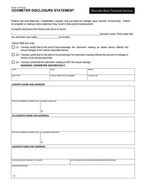 Printable Odometer Disclosure Statement Form