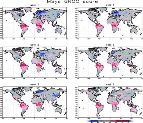 As in Fig. 5, but for GROC. Values above 50 (in blue) indicate better ...