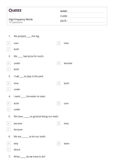 50 High Frequency Words Worksheets On Quizizz Free And Printable