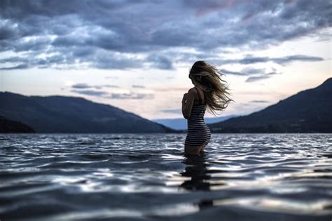 Sunlight Women Outdoors Women Sunset Sea Long Hair Lake Water