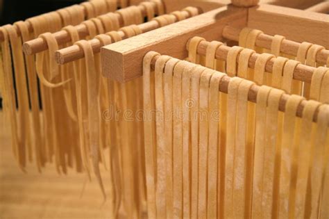 Handmade Pasta Drying On Wooden Rack Italian Fresh Fettuccine Fresh