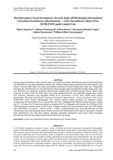 Pdf Korelasi Antara Fecal Incontinence Severity Index Fisi Dengan