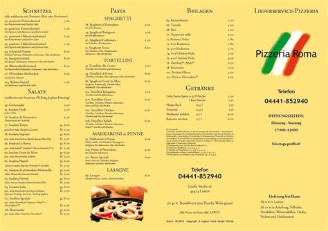 Speisekarte von Pizzeria Roma Lutten Goldenstedt Große Str 16