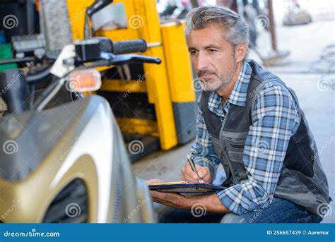 Portrait Mechanic Assessing Scooter Stock Image Image Of Checkup