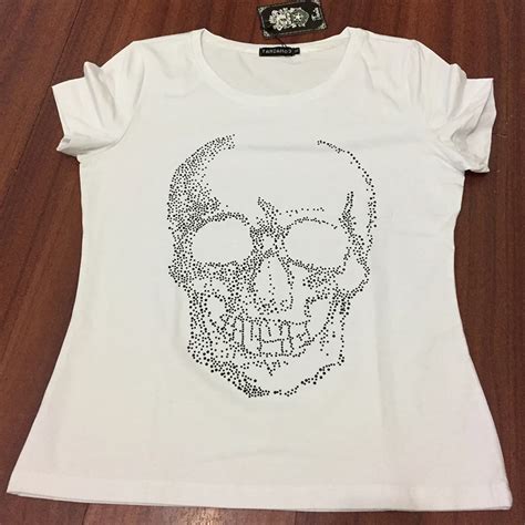 New Brand Womens White Skull T Shirts With Rhinestones Punk Style Short