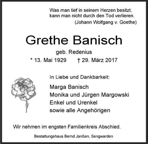 Traueranzeigen Von Grethe Banisch Nordwest Trauer De