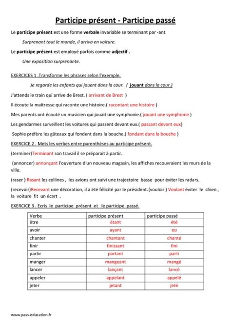 Participe présent Participe passé Cm2 Leçon Exercices corrigés