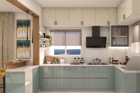 Modular Spacious Kitchen Design With Pastel Blue Decor Livspace