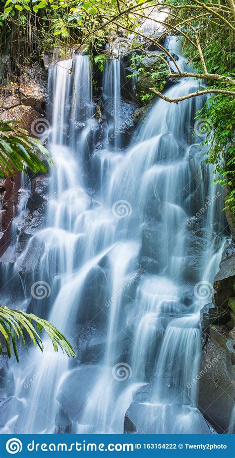 Beautiful Cascading Waterfall In A Dense Jungle Gully Stock Photo