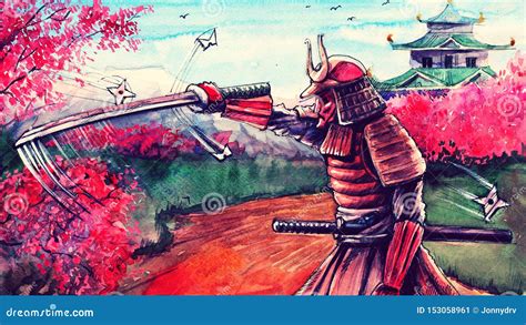 Japanese Watercolor Landscape With Samurai Battle Fantasy Painting Art