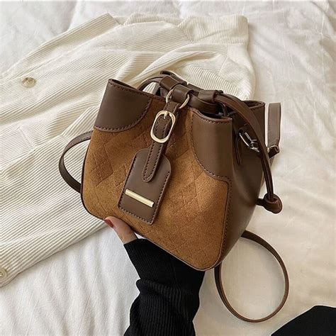 Fashion Plaid Bucket Bags For Women Nubuck Pu Leather Luxury Designer