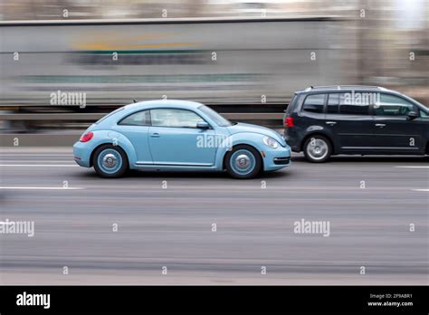 Ukraine Kyiv 18 March 2021 Light Blue Volkswagen Beetle Car Moving