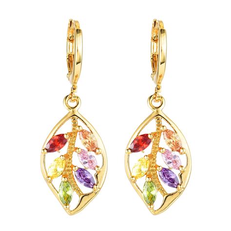 Women S Colorful Leaf Drop Earrings Gold Color Aaa Cz Earrings Jewelry