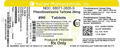 Phendimetrazine Tartrate Tablets Usp 35 Mg Ciii Rx Only