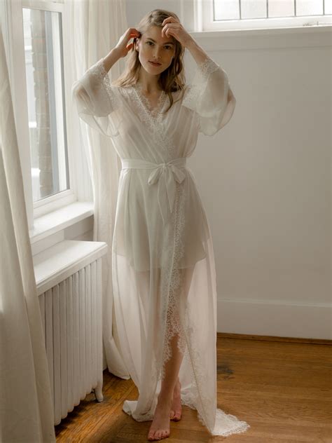 Lace Bridal Robe Floor Length Robe Ivory Chiffon Robe Etsy