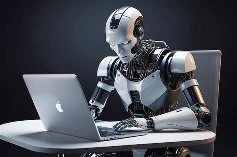 Premium Photo Portrait Of Robot Working On Laptop Generative Ai