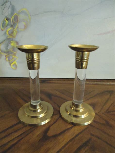 Vintage Pair Of Brass And Lucite Mid Century Candle Sticks Etsy