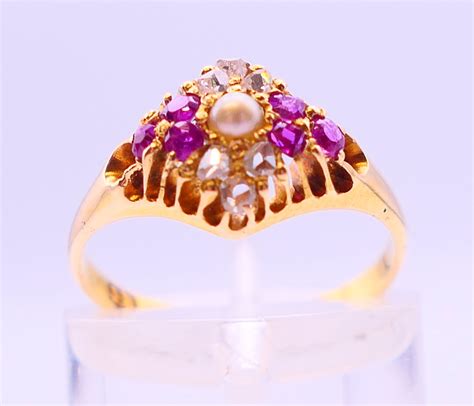 An Antique 18 Ct Gold Ruby Diamond And Pearl Ring Assayed Birmingham